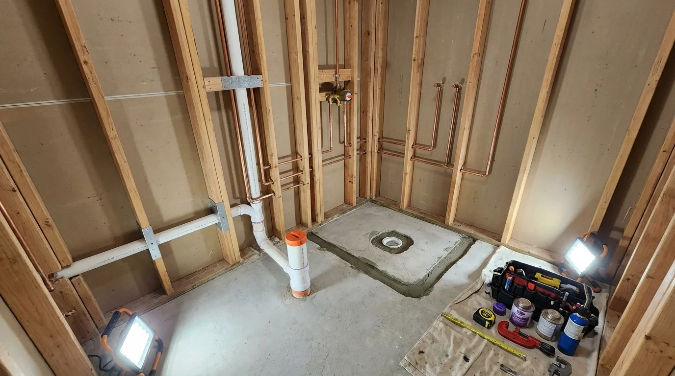 Bathroom rough-in plumbing during remodel by Johns Plumbing LLC in Cranston