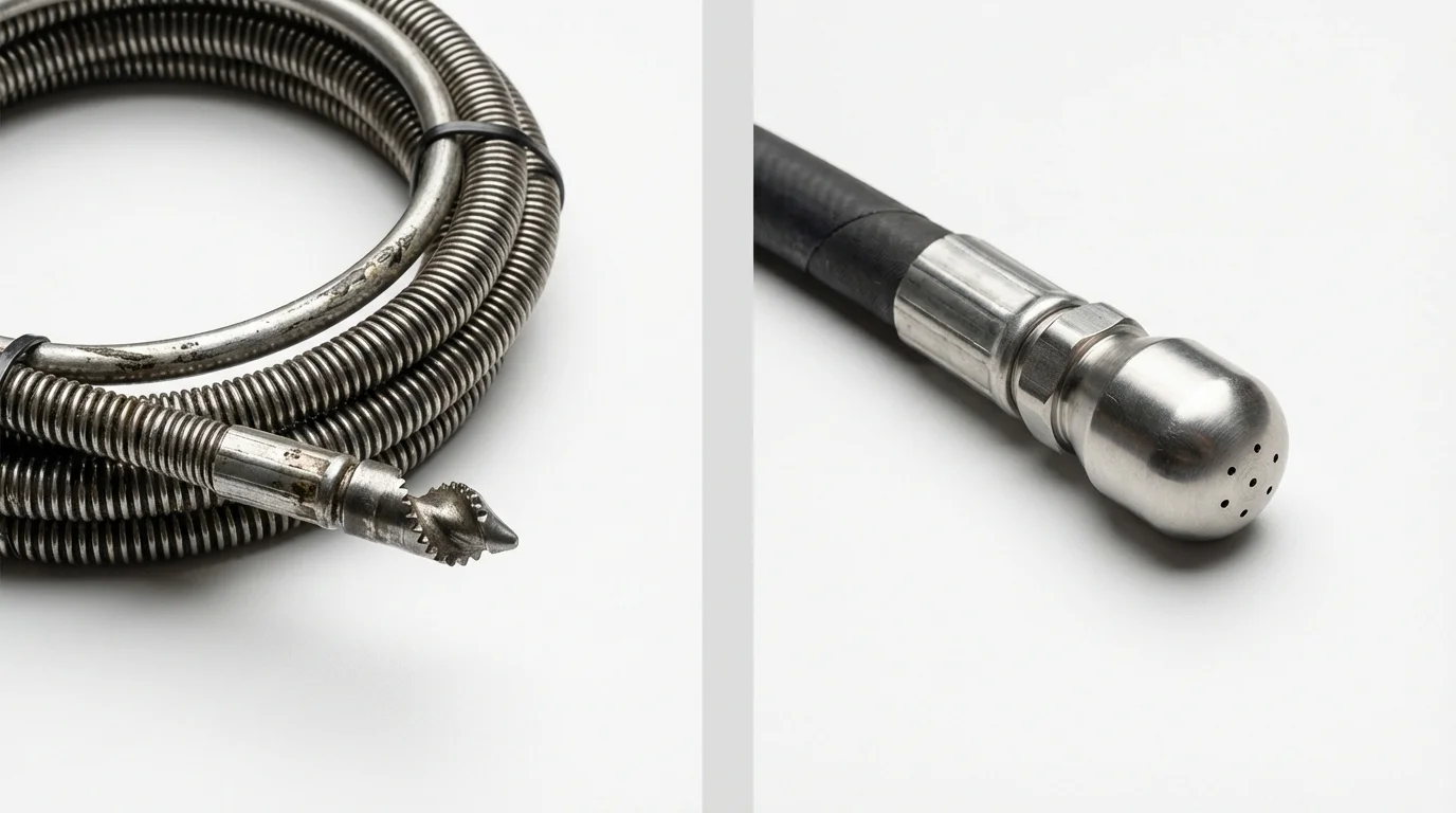 Drain snake cable and hydro jetting nozzle used for drain cleaning in Cranston, RI