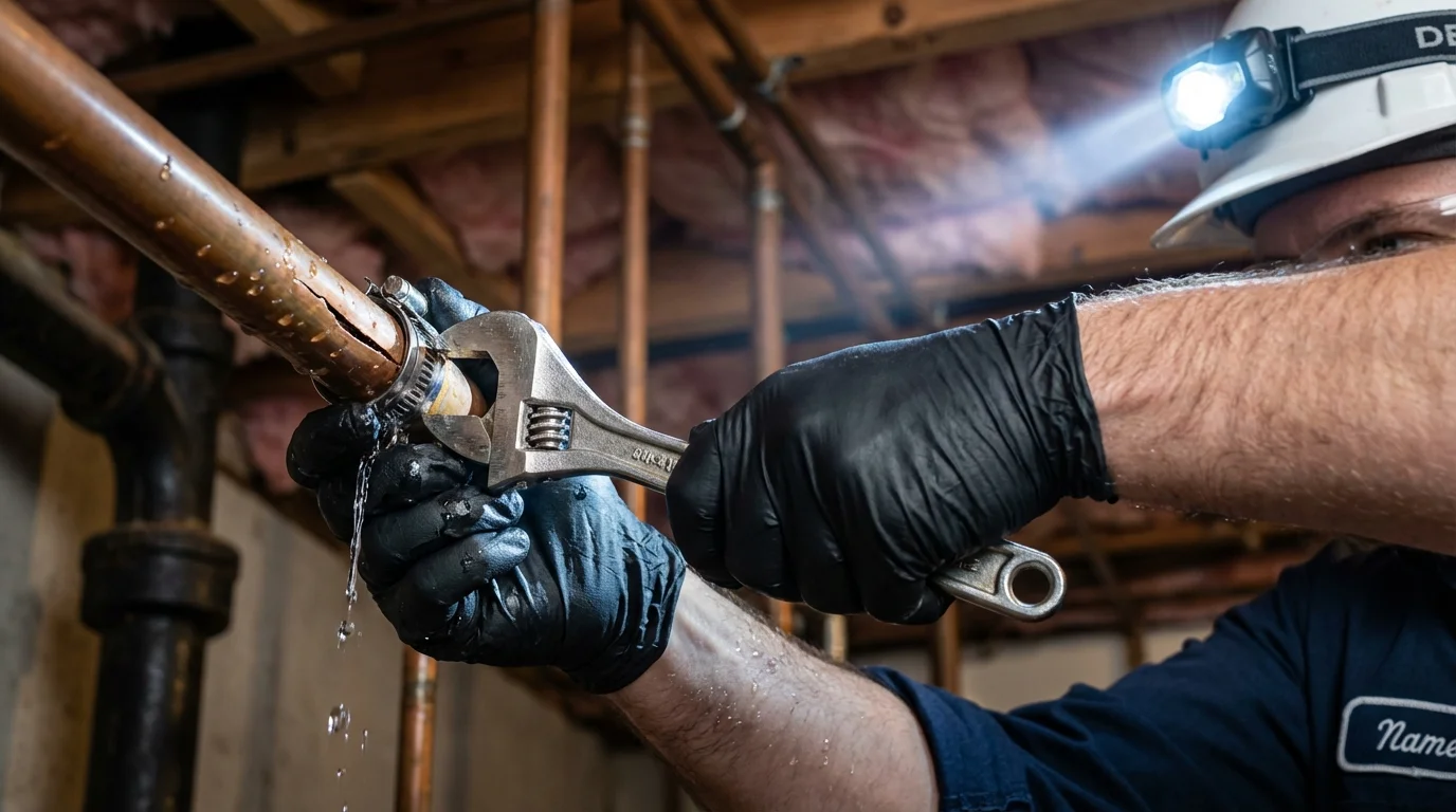 Emergency pipe clamp repair being performed by a Johns Plumbing LLC plumber in Cranston