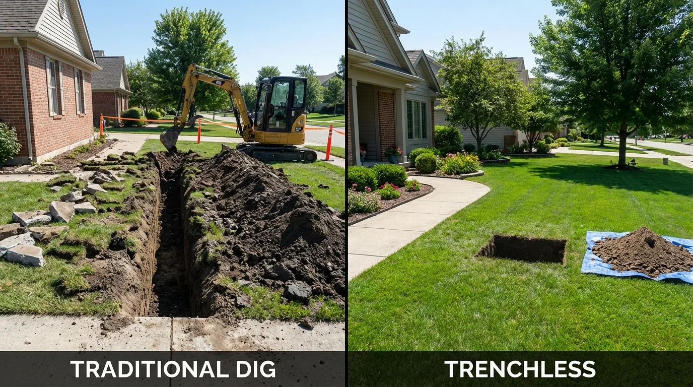 Trenchless sewer repair with minimal yard damage versus traditional excavation in Cranston, RI