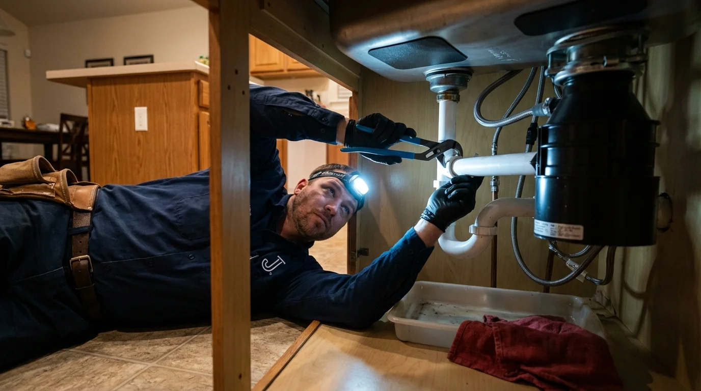P-trap and supply line connections under a kitchen sink showing a common leak point in Cranston, RI